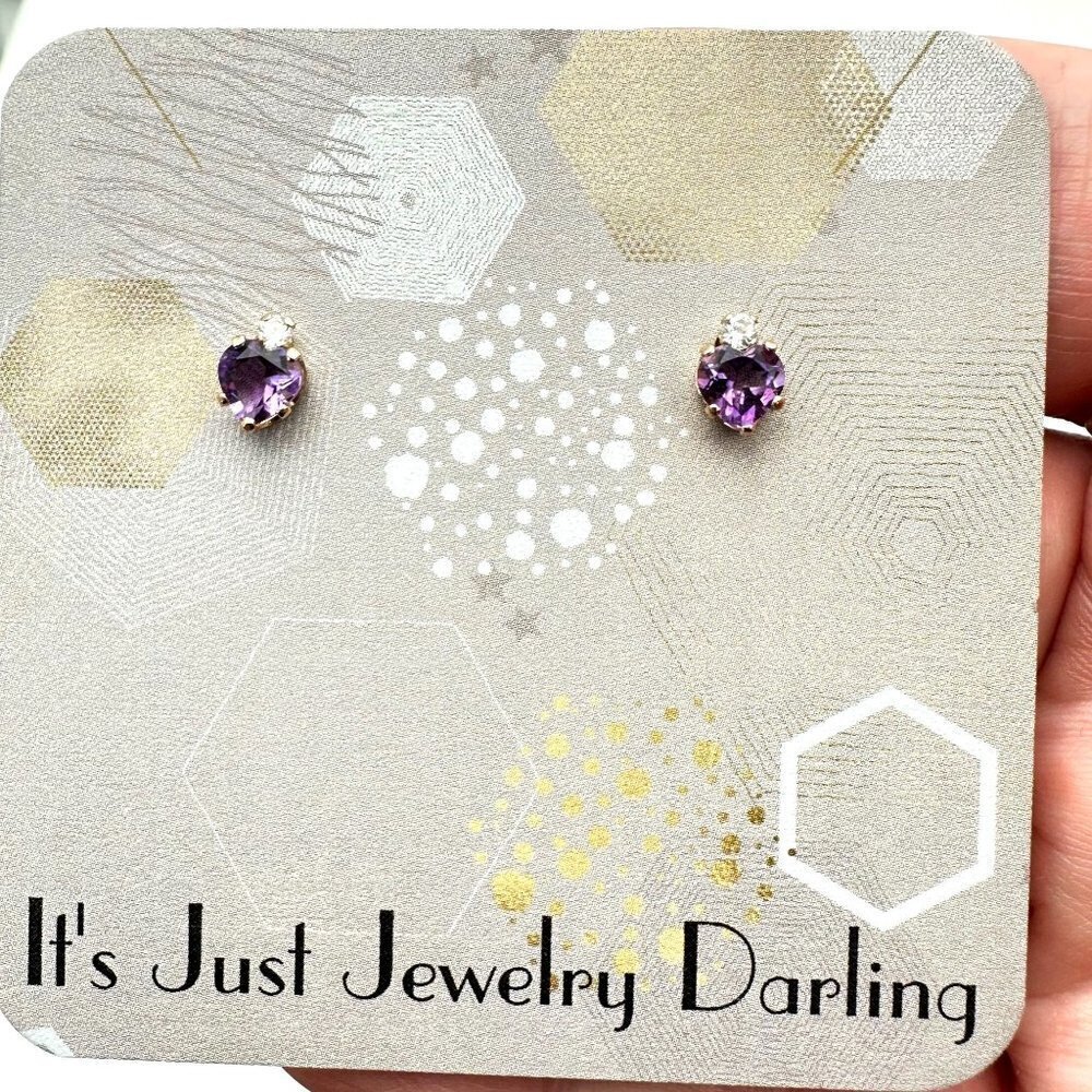 10K Yellow Gold Womens Earrings Amethyst Diamond Heart Pierced Gift Idea for Her